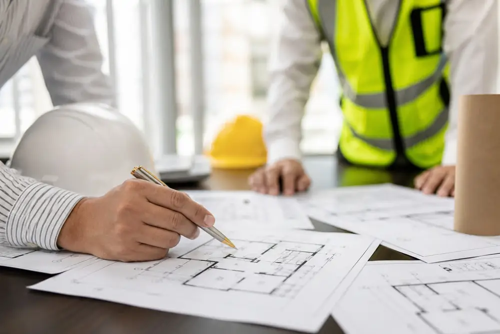 Structural plans being reviewed on site
