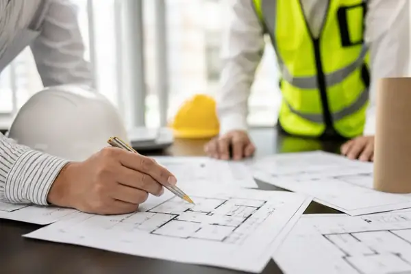 Engineer pointing to a floor plan during a structural review